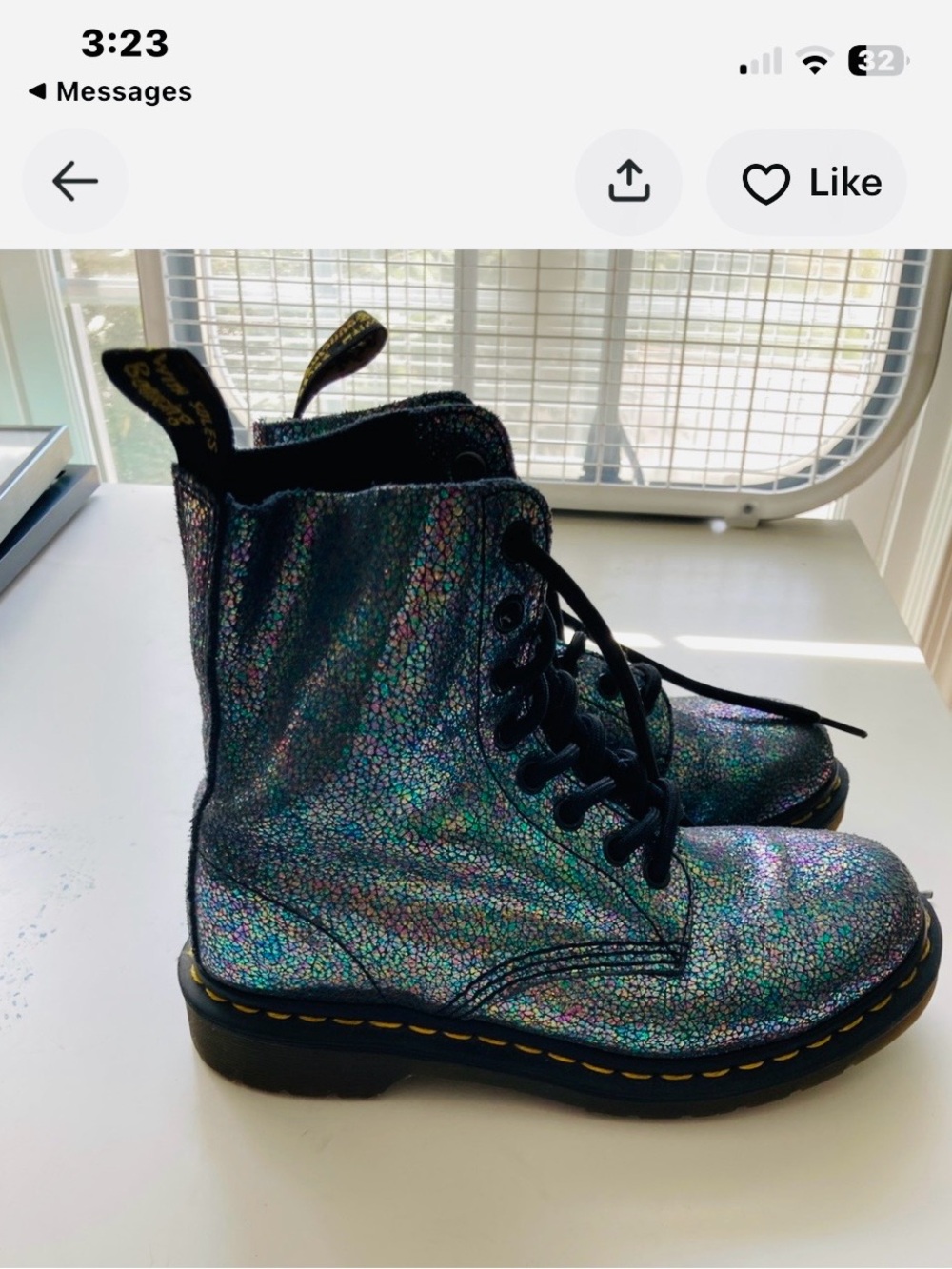 SPARKLE Dr. Martens Iridescent Holographic Lace-Up Black Boots/Yellow Stitching - Picture 2 of 4